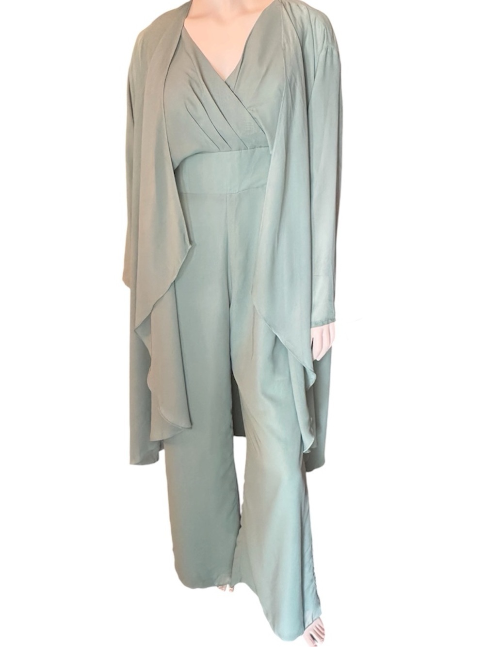 Gown Gallery Lined Chiffon Jumpsuit with Matching Duster Sage Green Size 14 NWT